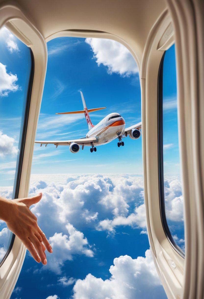A vibrant and uplifting scene of a joyful airplane soaring through a bright blue sky, surrounded by fluffy white clouds. Below, a diverse group of cheerful passengers wave from the windows, showcasing their happiness during the flight. The sunlight casts a warm glow, emphasizing the sense of adventure and delight. Include elements of luggage and travel icons in whimsical designs to symbolize the journey. super-realistic. vibrant colors. white background.