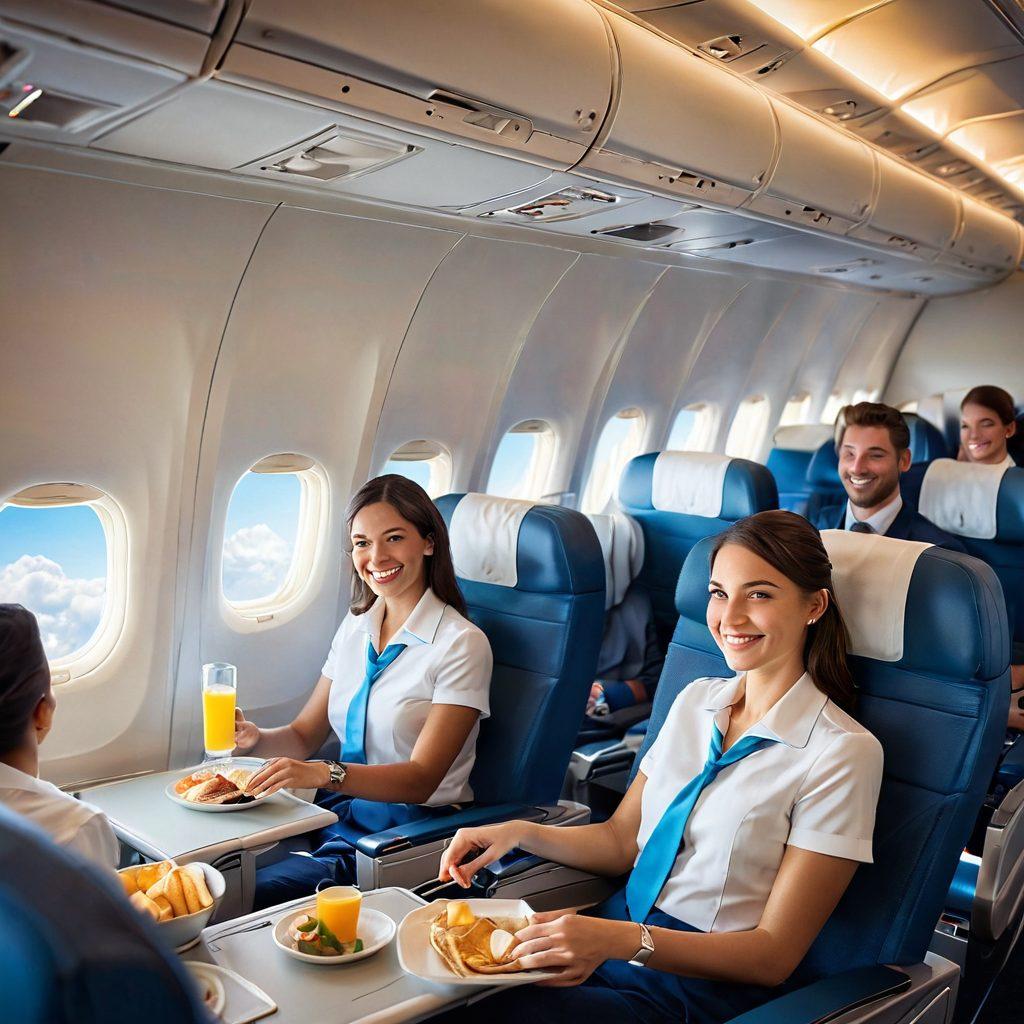 A serene airplane cabin filled with smiling passengers enjoying their flights, vibrant skies visible through large windows. Illustrate a flight attendant offering complimentary beverages and snacks, showcasing happy interactions. Include soft ambient lighting and colorful accents reflecting satisfaction and comfort. super-realistic. vibrant colors. soft focus.