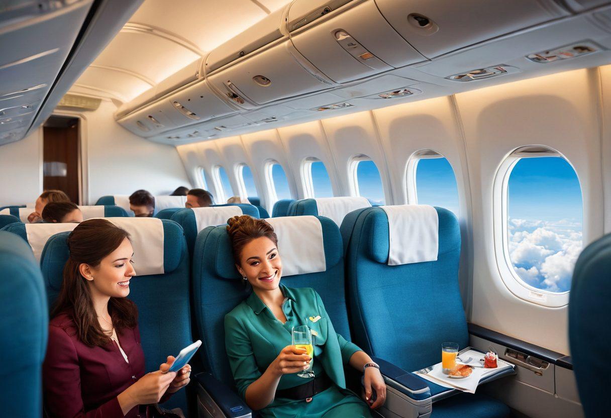 A cheerful airline cabin filled with diverse passengers enjoying their flights, with bright natural light streaming through the windows. Feature engaging activities like reading, watching movies, and chatting with smiles, complemented by friendly flight attendants serving refreshingly colorful drinks and snacks. The atmosphere should radiate happiness and comfort, with fluffy clouds and a blue sky visible outside the windows. super-realistic. vibrant colors. airy ambiance.
